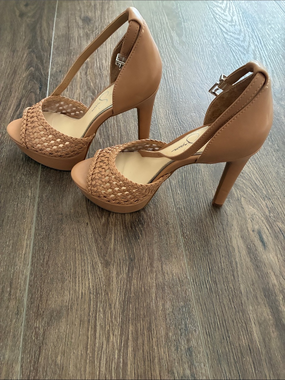 Jessica Simpson Tan Braided Platform Ankle-Strap Heels